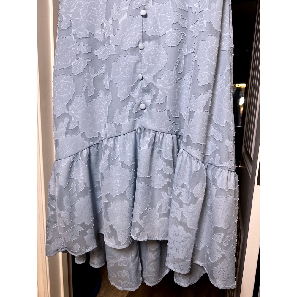 Babydoll Blue Floral Jacquard High/Low Midi Dress V-Neck Chic Puff Sleeve NWT - Picture 5 of 6